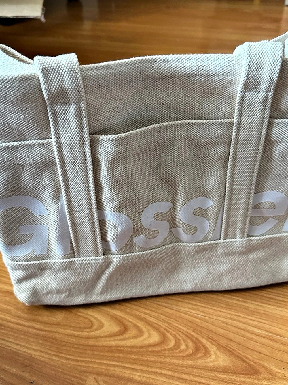 Glossier Canvas Logo Tote in White Like New 13”x 11”